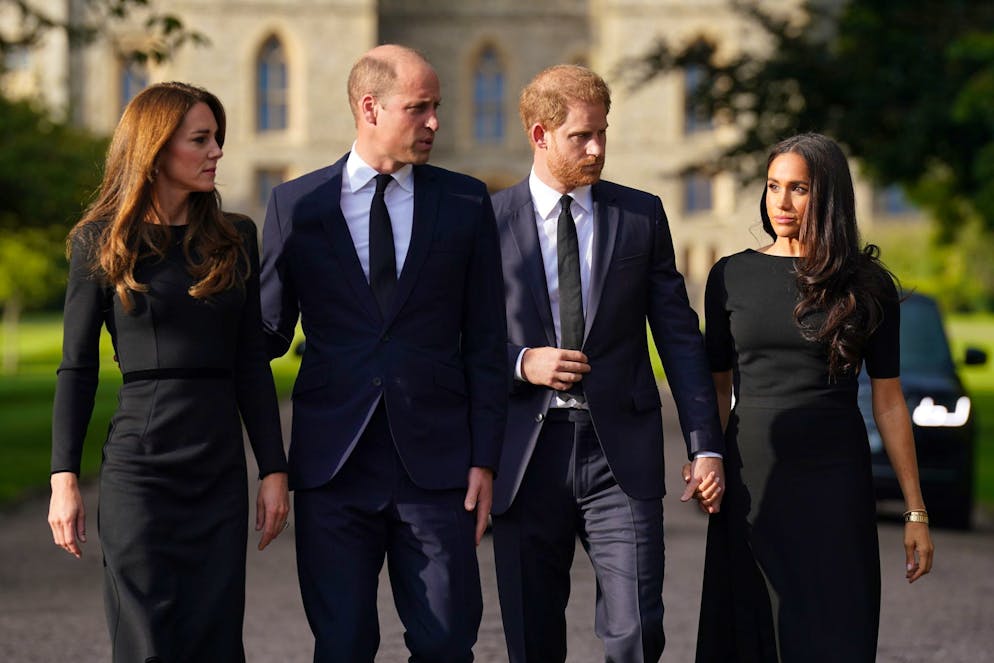 William and Harry united in grief.  Kate (l-r), Princess of Wales, William, Prince of Wales, Prince Harry, Duke of Sussex, and his wife Meghan, Duchess of Sussex, are reunited in public for the first time.  Here at Windsor Castle.