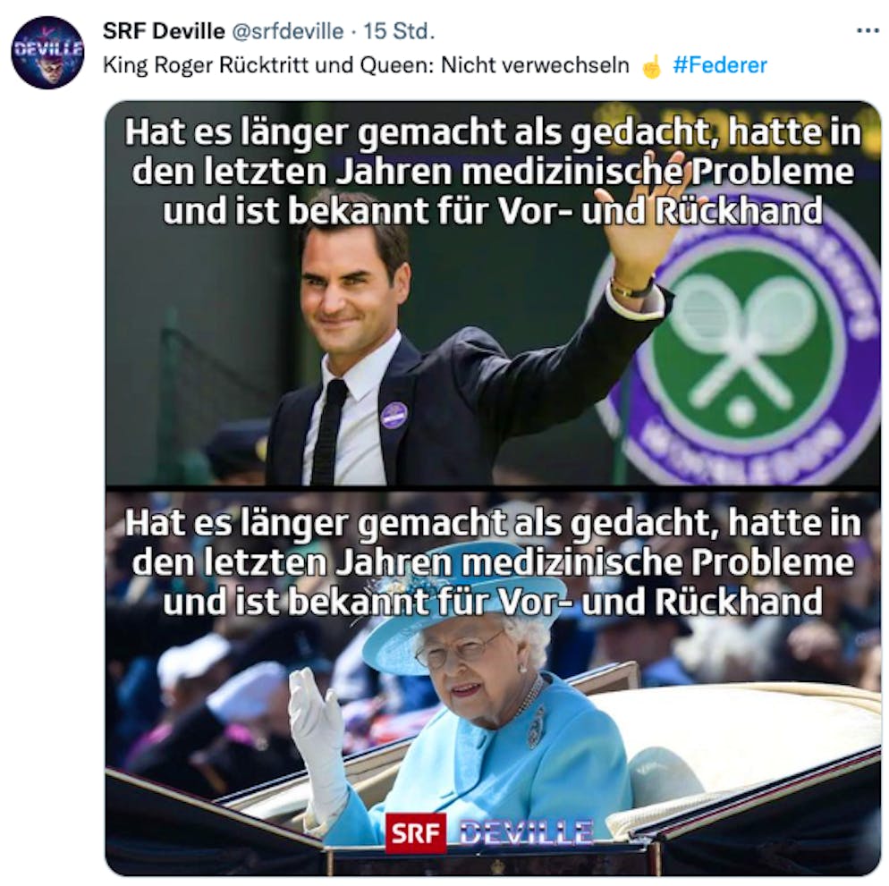 Tschüss, Roger Federer, so verneigen sich die Promis vor King Roger. «Hat es länger gemacht als gedacht», posten die Macher der SRF-Comedyshow «Deville».