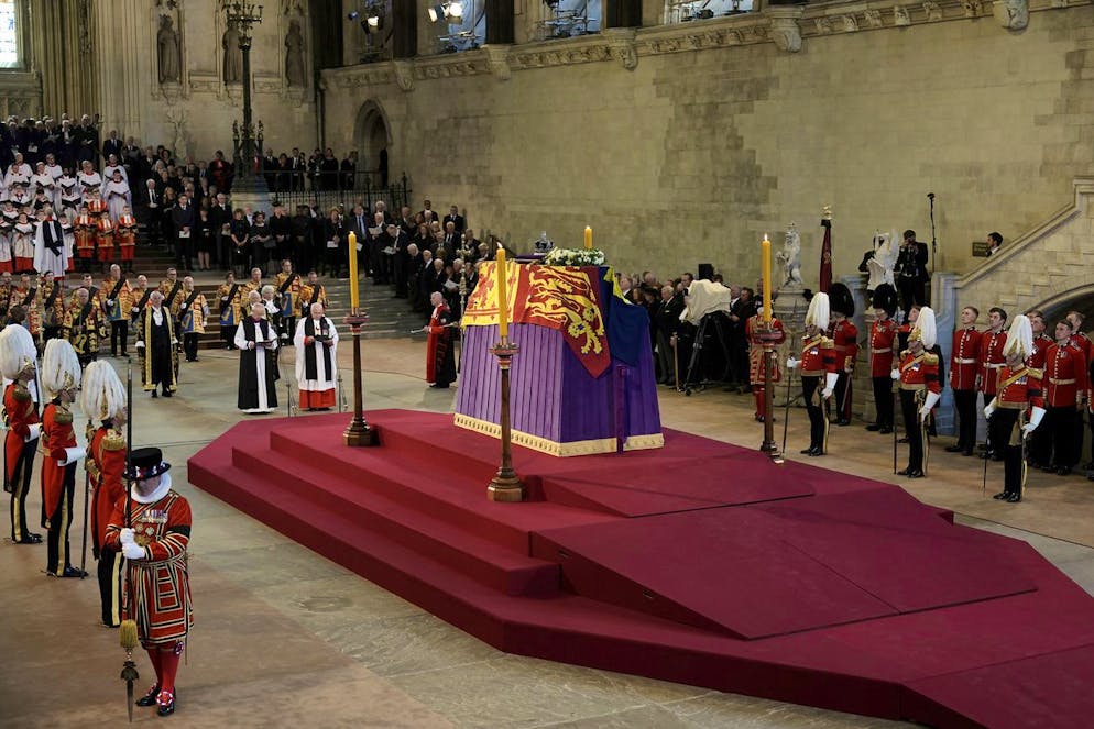 Queen Elizabeth II's coffin lies in Westminster Hall, London, September 14, 2022.  (Christopher Furlong/Pool Photo via AP)