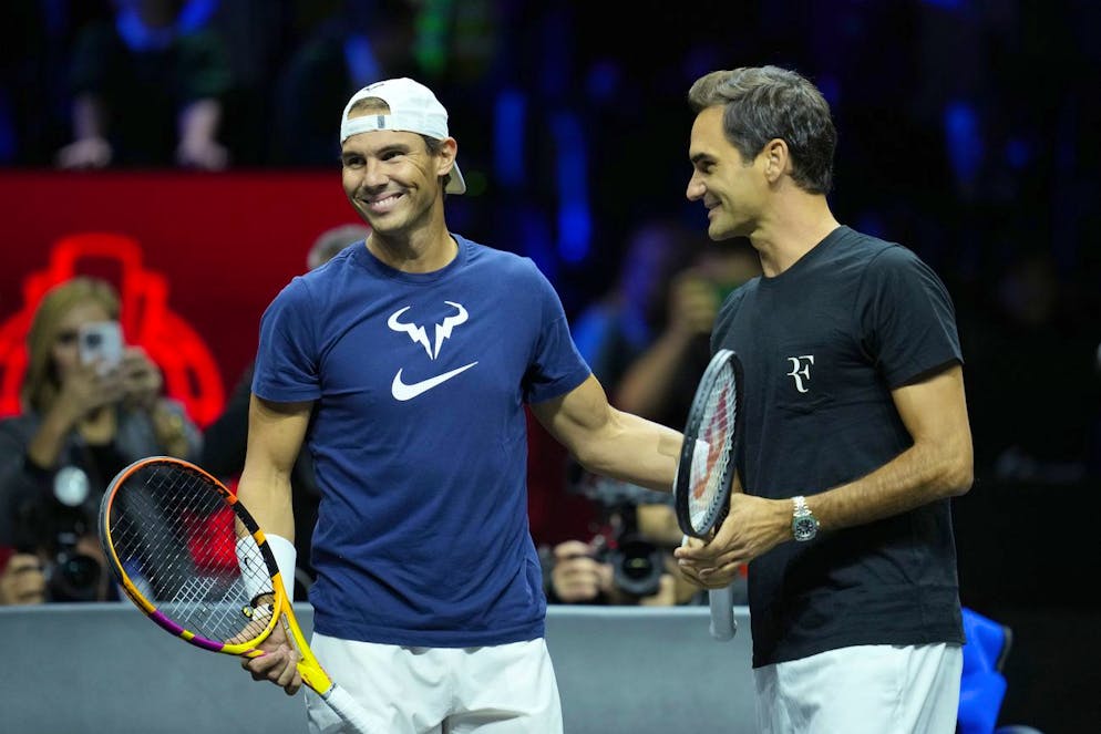 Switzerland's Roger Federer, right, and Spain's Rafael Nadal attend a training session ahead of the Laver Cup tennis tournament at the O2 in London, Thursday, Sept. 22, 2022. (AP Photo/Kin Cheung)