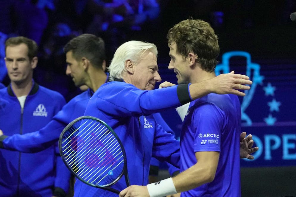 Team Europe's Casper Ruud celebrates with teammates after winning a match against Team World's Jack Sock on day one of the Laver Cup tennis tournament at the O2 in London, Friday, Sept. 23, 2022. (AP Photo/Kin Cheung)