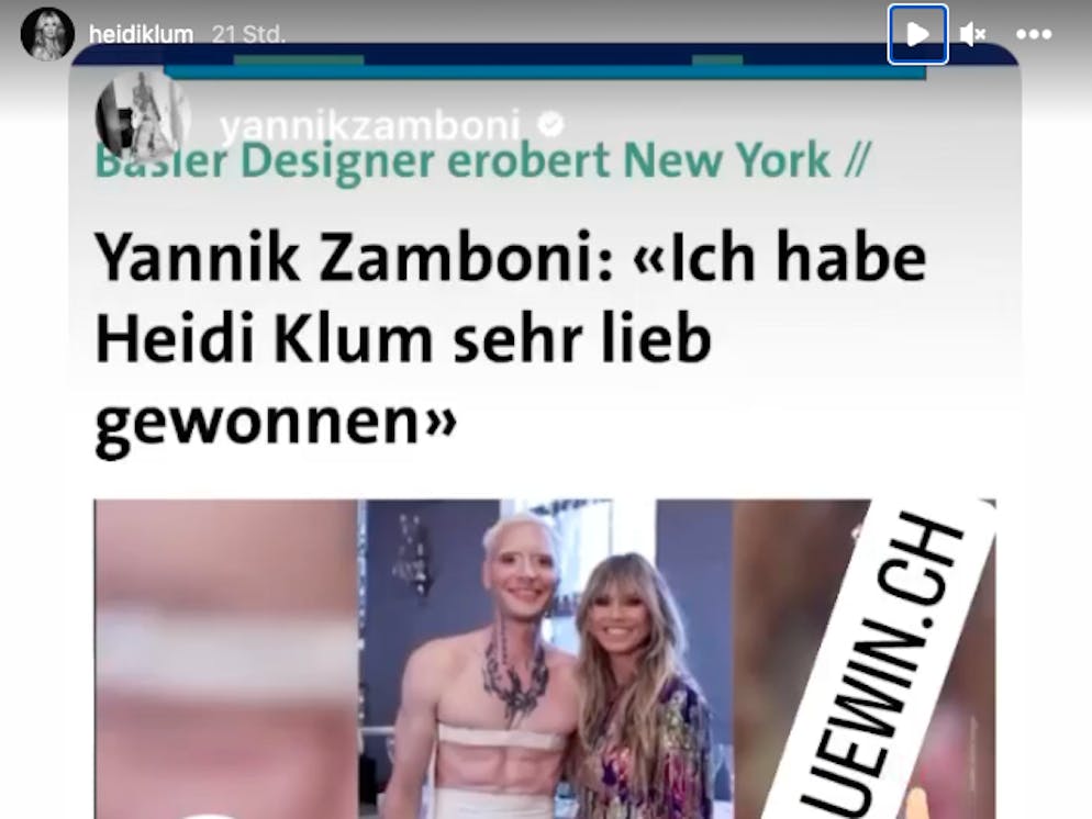Heidi Klum teilt blue News Instagram-Beitrag von blue News über Yannik Zamboni. ... und teilt einen Instagram-Beitrag von blue News über Yannik Zamboni.