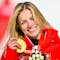 Gold medalist Lara Gut-Behrami of Switzerland celebrates during the victory ceremony of the women's Alpine Skiing Super-G race at the 2022 Olympic Winter Games in Yanqing, China, on Friday, February 11, 2022. (KEYSTONE/Jean-Christophe Bott)