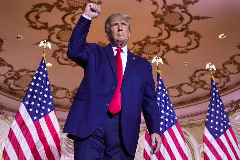 Former President Donald Trump gestures after announcing he is running for president for the third time as he speaks at Mar-a-Lago in Palm Beach, Tuesday, Nov. 15, 2022. (AP Photo/Andrew Harnik)