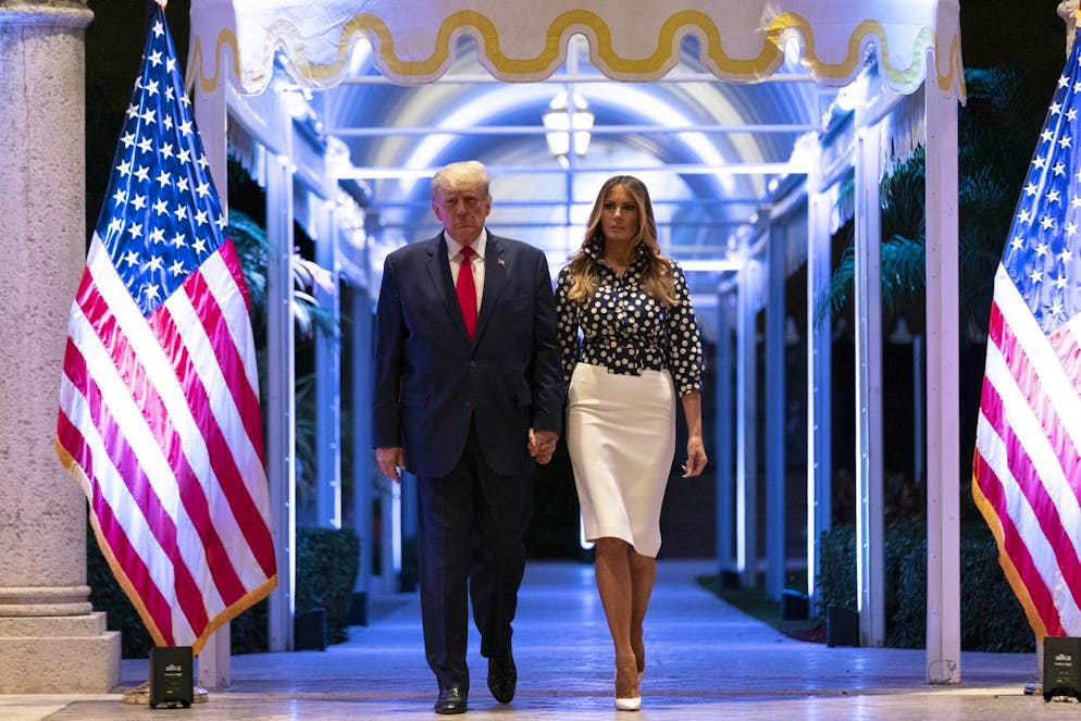 Former President Donald Trump and former first lady Melania Trump arrive for a speech at Mar-a-Lago in Palm Beach, Fla., Tuesday, Nov. 15, 2022. (AP Photo/Andrew Harnik)