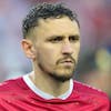 Serbia's Milos Veljkovic lines up ahead of the UEFA Nations League soccer match between Slovenia and Serbia at Stozice stadium in Ljubljana, Slovenia, Sunday, June 12, 2022. (AP Photo/Darko Bandic)