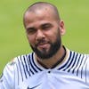 epa10088479 Brazilian defender Dani Alves reacts during his presentation as new player of the Pumas socccer team, in Mexico City, Mexico, 23 July 2022. Alves, 39, agreed with Pumas to play the Torneo Apertura as he is focused on being part of the Brazilian national team for the World Cup 2022. EPA/Sashenka Gutierrez