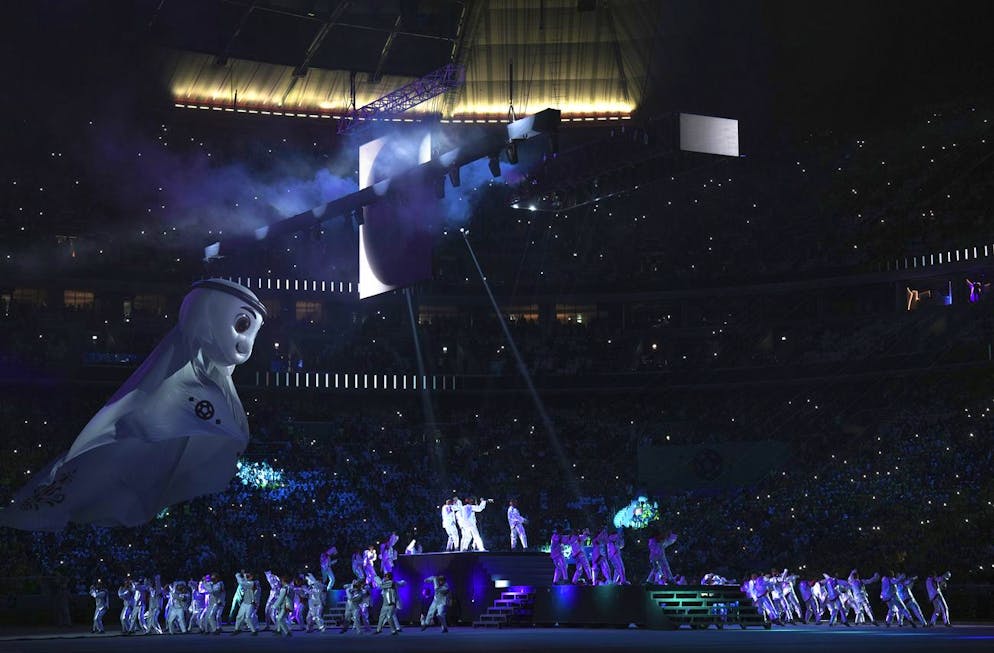 Artists perform during the opening ceremony for the World Cup, prior to the group A soccer match between Qatar and Ecuador at the Al Bayt Stadium in Al Khor, Sunday, Nov. 20, 2022. (AP Photo/Ariel Schalit)