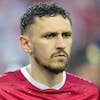 Serbia's Milos Veljkovic lines up ahead of the UEFA Nations League soccer match between Slovenia and Serbia at Stozice stadium in Ljubljana, Slovenia, Sunday, June 12, 2022. (AP Photo/Darko Bandic)