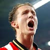 PSV captain Luuk de Jong celebrates after his team scored 2-1during the Champions League Group B soccer match between PSV and CSKA Moscow at the Philips stadium in Eindhoven, Netherlands, Tuesday, Dec. 8, 2015. (AP Photo/Peter Dejong)