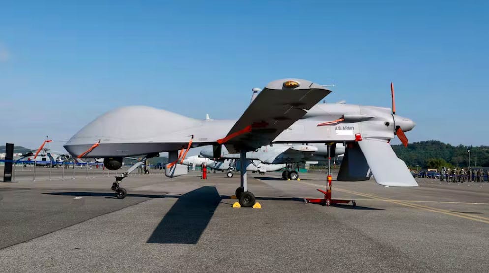 Un MQ-1C Gray Eagle alla Fiera internazionale dell'aerospazio e della difesa (ADEX) di Seul 2021: sistemi sensibili come l'acquisizione di bersagli non dovrebbero cadere nelle mani dei russi.
