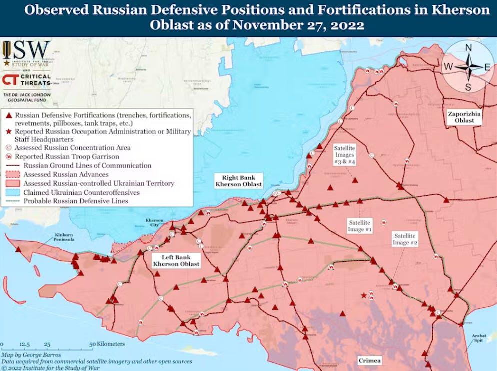 Posizioni russe nell'oblast di Kherson, a est del Dnieper.