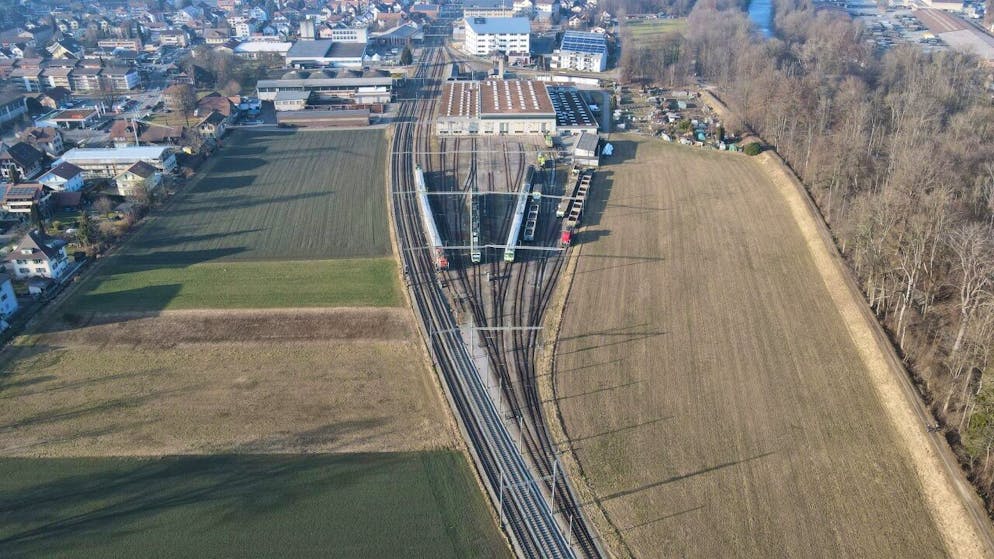 Blick von oben auf die heutige Bahnwerkstätte in Oberburg.