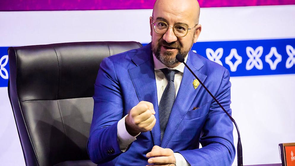 Charles Michel, Präsident des Europäischen Rates, spricht beim G20-Gipfel bei einer Presseokonferenz. Foto: Christoph Soeder/dpa