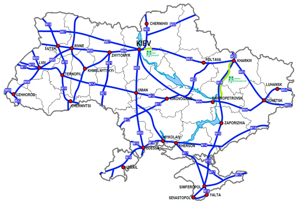 Hauptverkehrswege-Netz der Ukraine: Die blauen Strassen sind internationale Fernstrassen.