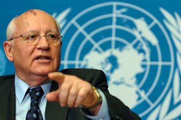 Former Soviet president Mikhail Gorbachev speaks during a meeting on the 20th anniversary of Geneva Summit, at the building United Nations in Geneva, Switzerland, Monday, May 30, 2005. The United Nations Office in Geneva hosts a meeting between Mikhail Gorbachev, the 1990 Nobel Peace Prize Laureate, and representatives of the Permanent Missions to the United Nations and the international organizations in Geneva. The occasion of the meeting is the 20th anniversary of the 1985 Geneva Summit which triggered the end of the Cold War era. (KEYSTONE/Laurent Gillieron)