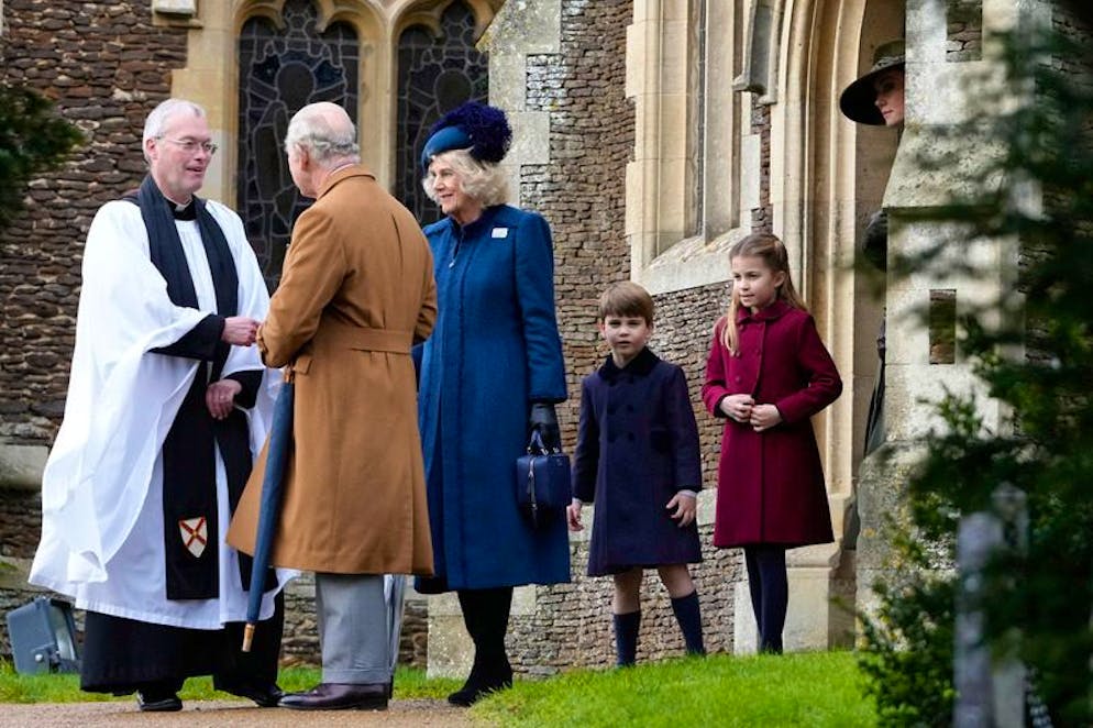 With Andrew, Without Harry: The Royal Family Celebrate Christmas - Gallery.  King Charles III (LR), King's wife Camilla, Prince Louis, Princess Charlotte and Kate, Princess of Wales leave St Mary Magdalene's Church after Christmas Mass.