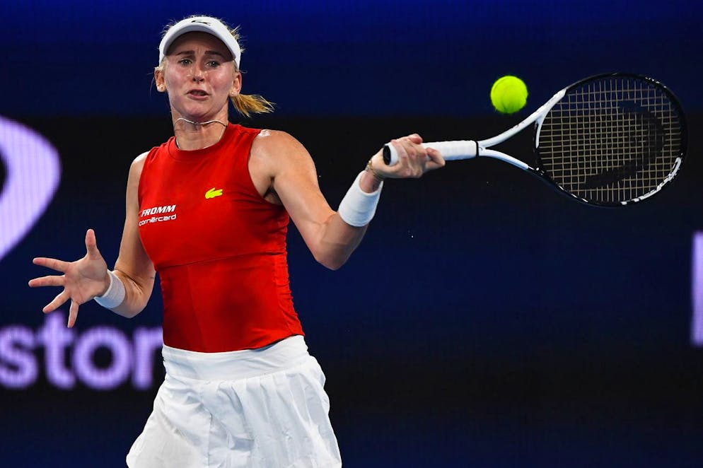 epa10382469 Jil Teichmann of Switzerland in action against Zhibek Kulambayeva of Kazakhstan during the 2023 United Cup tennis match between Switzerland and Kazakhstan at Pat Rafter Arena in Brisbane, Australia, 30 December 2022. EPA/JONO SEARLE AUSTRALIA AND NEW ZEALAND OUT