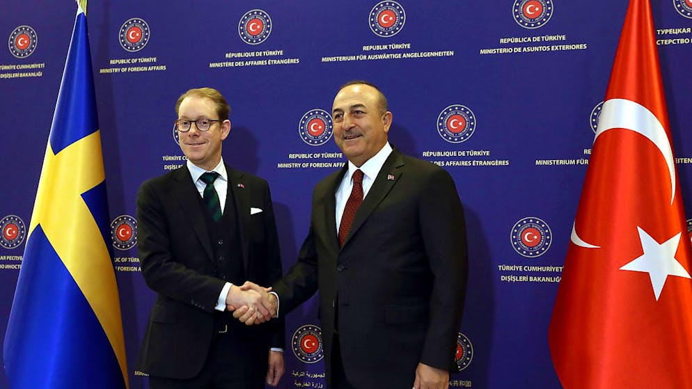 Der türkische Außenminister Mevlut Cavusoglu (r)schüttelt dem schwedischen Außenminister Tobias Billstrom die Hand. (Archivbild) Foto: Ali Unal/AP/dpa
