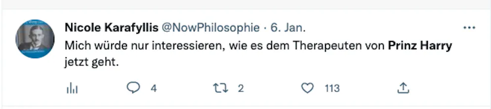 Die 20 besten Tweets zu Harrys Biografie «Spare» und seinen Interviews. «Mich würde nur interessieren, wie es dem Therapeuten von Prinz Harry jetzt geht», fragt Nicole Karafyllis auf Twitter. Gute Frage 😂