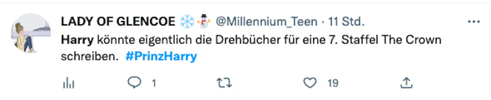 Die 20 besten Tweets zu Harrys Biografie «Spare» und seinen Interviews. «Harry könnte eigentlich die Drehbücher für eine 7. Staffel ‹The Crown› schreiben», meint Lady of Glencoe. Wenn er denn selbst schreiben könnte. 