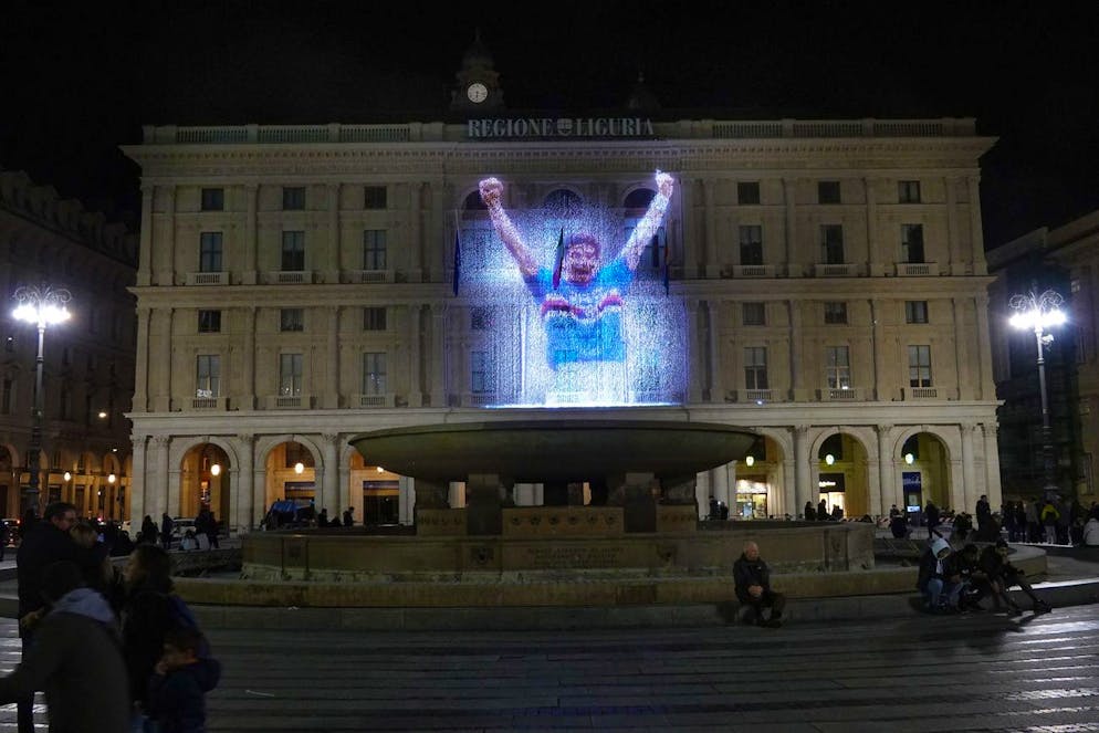 epa10392991 Liguria region in memory of Gianluca Vialli he projected some images on the facade of the building in piazza de Ferrari in Genova, Italy, 06 January 2023. Gianluca Vialli died at the age of 58 after battling pancreatic cancer his family confirmed 06 January 2023. EPA/LUCA ZENNARO