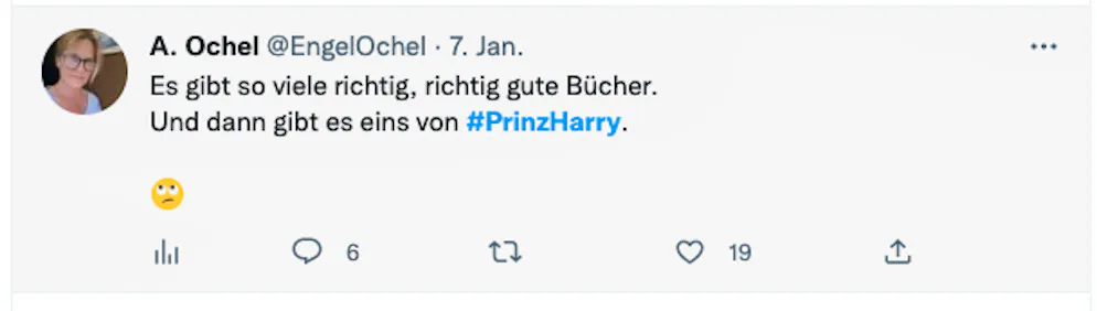 Die 20 besten Tweets zu Harrys Biografie «Spare» und seinen Interviews. «Es gibt so viele richtig, richtig gute Bücher. Und dann gibt es noch eins von #PrinzHarry», kommentiert A. Ochel. Alternativ würde sich Harrys Leben auch für eine Drama-Verfilmung eignen. 