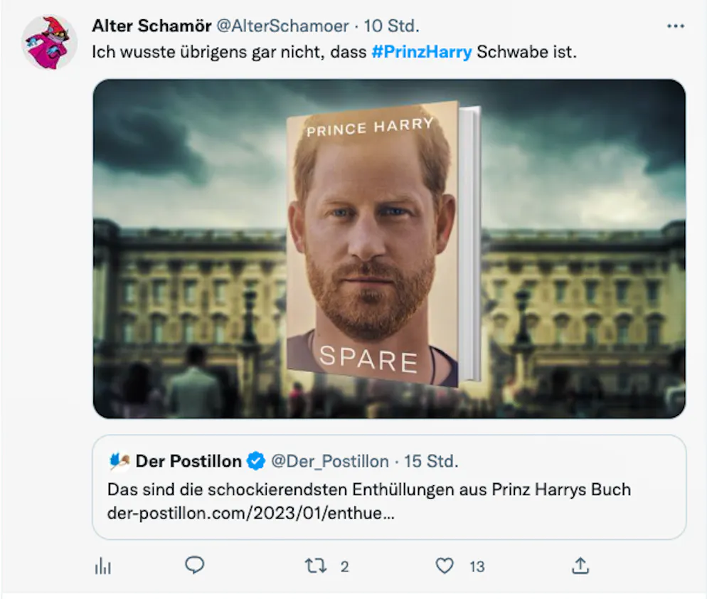 Die 20 besten Tweets zu Harrys Biografie «Spare» und seinen Interviews. Alter Schamör schreibt über Harrys Biografie-Titel «Spare»: «Ich wusste gar nicht, dass #PrinzHarry Schwabe ist». Ganz nach dem schwäbischen Motto: Spare, spare, Häusle bauen. 