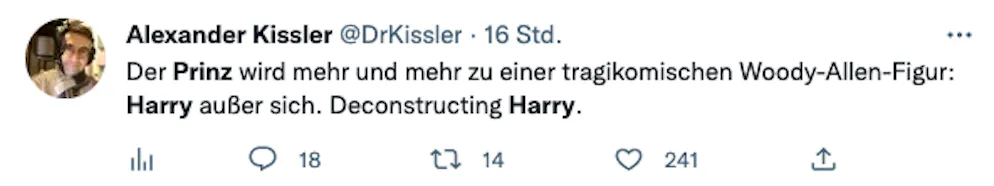 Die 20 besten Tweets zu Harrys Biografie «Spare» und seinen Interviews. Alexander Kissler: «Der Prinz wird mehr und mehr zu einer tragikomischen Woody-Allen-Figur: Harry ausser sich. Deonstructing Harry.» So, so, wahr.