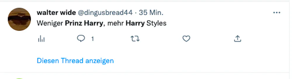Die 20 besten Tweets zu Harrys Biografie «Spare» und seinen Interviews. Walter Wide tweetet: «Weniger Prinz Harry, mehr Harry Styles.»