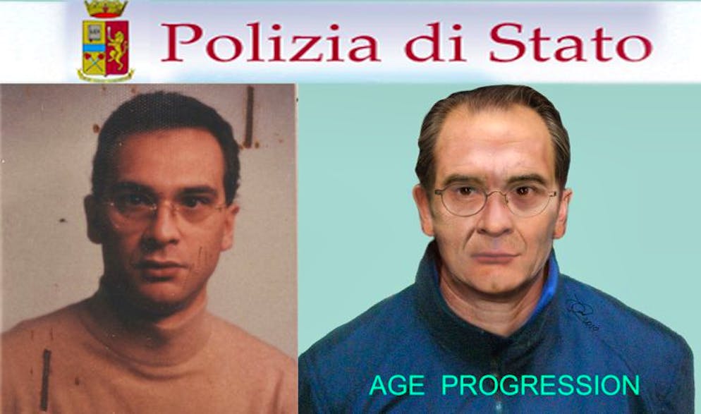 Mafia-Boss Matteo Messina Denaro wird verhaftet. Das Bild links zeigt Matteo Messina Denaro als junger Mann. Das rechte Foto ist ein computergeneriertes Bild der Polizei, das zur Fahndung genutzt wurde. Messina Denaro war 30 Jahre lang auf der Flucht. 