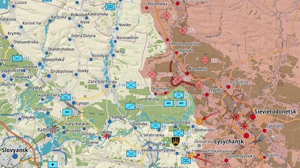 Ukrainische Truppen sind offenbar durch den südlich von Kreminna gelegenen Wald in die westlichen Vororte der Stadt eingedrungen.
