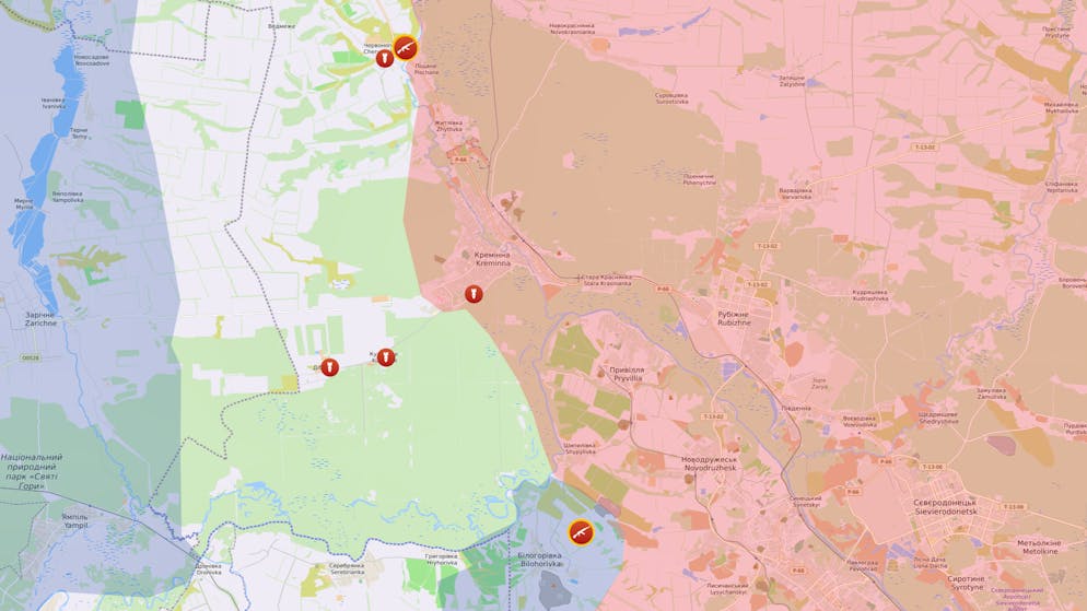 Es knallt im Norden in Tscherwonopopiwka, in Kreminna (mittig) und Bilohoriwka im Süden.