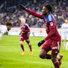 Servette's forward Chris Bedia, celebrates his goal during the Super League soccer match of Swiss Championship between Servette FC and FC Sion, at the Stade de Geneve stadium, in Geneva, Switzerland, Sunday, January 29, 2023. (KEYSTONE/Pierre Albouy)