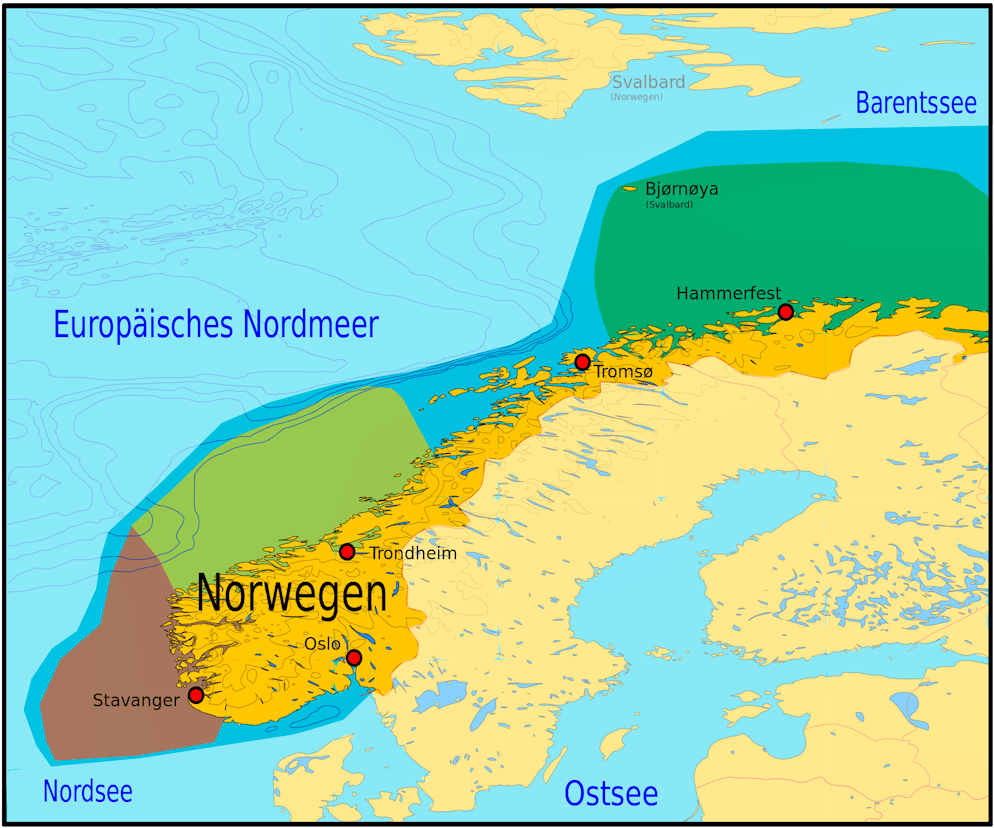 Norwegen fördert auf dem Kontinentalschelf in der Nordsee (braun), im Eruopäischen Nordmeer (hellgrün) und in der Barentsee (dunkelgrün) Rohstoffe.