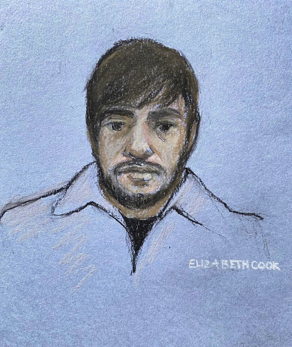 This court artist sketch by Elizabeth Cook shows Jaswant Singh Chail, 21, from Southampton, in the dock at the Old Bailey in London during a hearing at the court, Friday, Feb., 3, 2023. Chail who was arrested on the grounds of Windsor Castle with a loaded crossbow pleaded guilty to treason on Friday for planning to attack Queen Elizabeth II. (Elizabeth Cook/PA via AP)