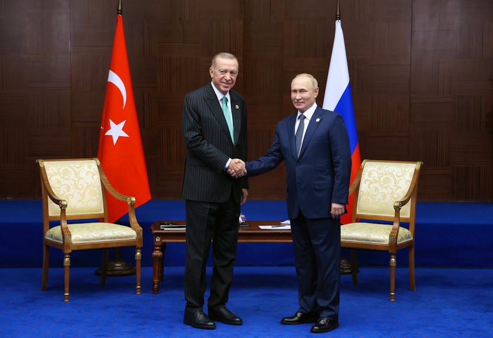 Der türkische Präsident Recep Tayyip Erdogan zusammen mit Kreml-Chef Wladimir Putin. Putin sagt der Türkeim und Syrien seine Unterstützung zu. 