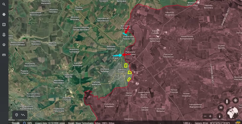 Nördlich und südlich von Krasna Hora wird gekämpft. Die ukrainischen Truppen ziehen sich langsam aus dem Norden und Osten von Bachmut zurück, halten allerdings einige strategische Punkte (gelb), um den Russen möglichst hohe Verluste beizubringen.