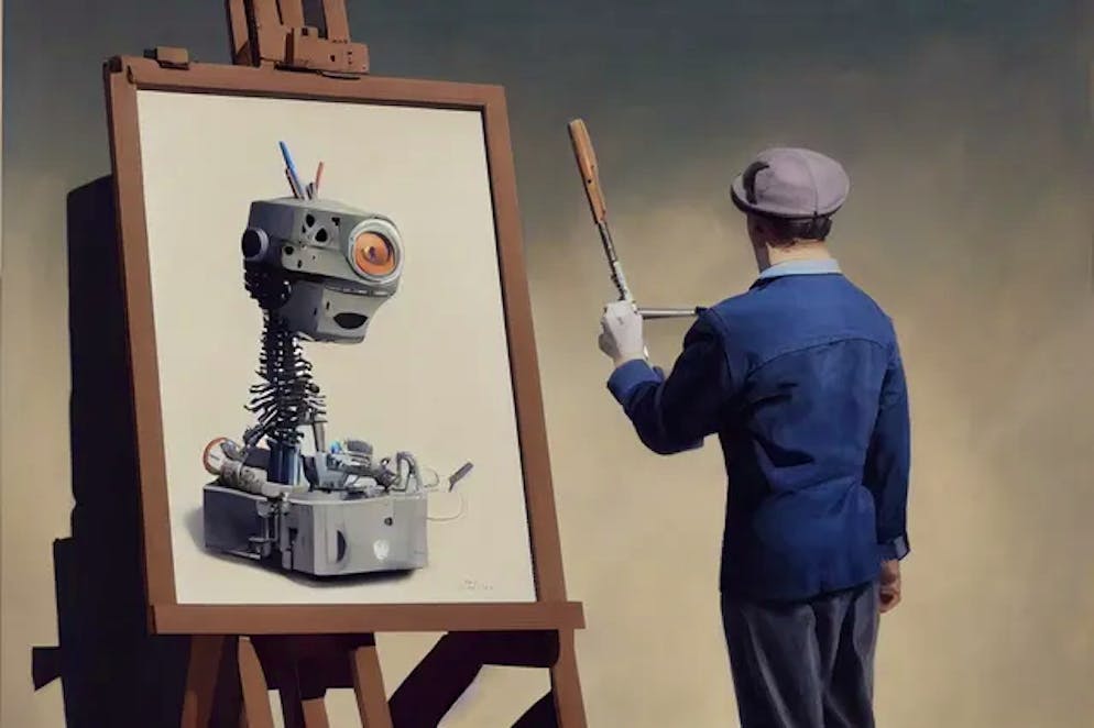 Können KI-Werke als Kunst gelten?. Das Programm Midjourney erfreut sich grosser Beliebtheit: «Ein detailliertes Gemälde von einem Künstler mit einem mechanischen Arm, der vor einer Leinwand steht.» 