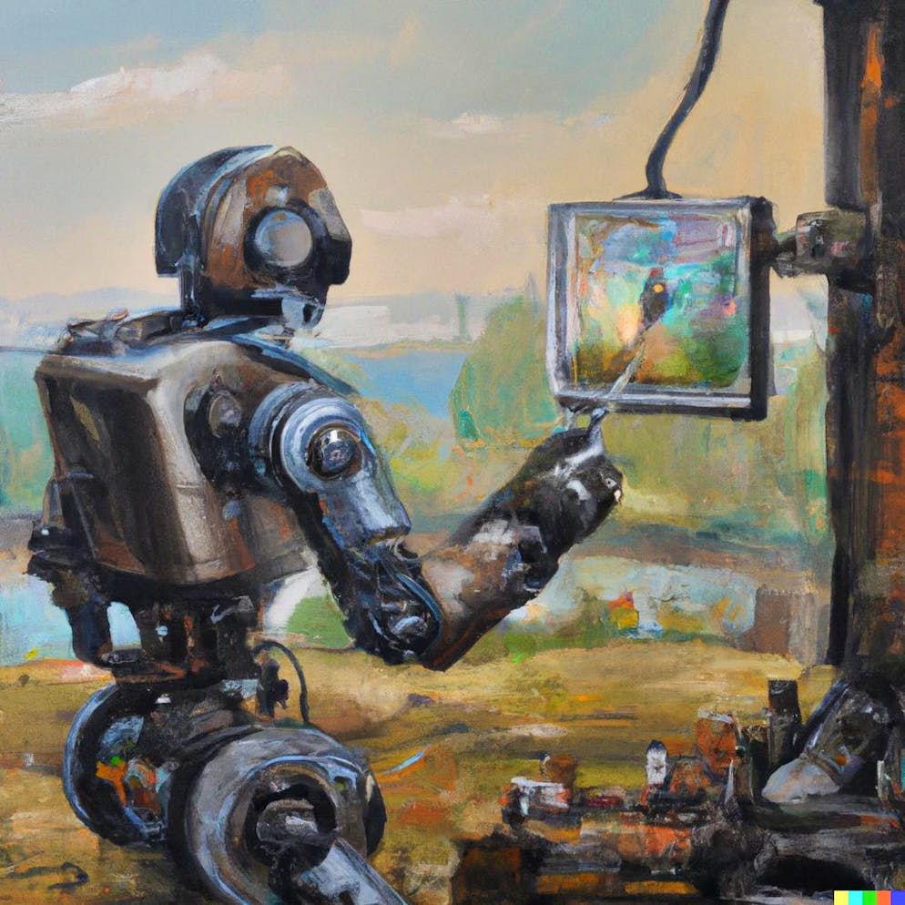 Können KI-Werke als Kunst gelten?. Auch hier war Dall-E-2 am Werk. Nach wenigen Minuten erhält man durch den Input ein solches Bild: «Ein Roboter-Künstler malt eine Landschaft, in Ölfarbe.» 