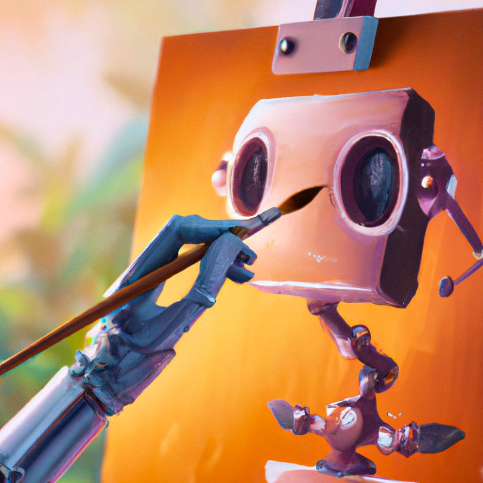 Können KI-Werke als Kunst gelten?. Ein Satz reicht, um durch KI-Programme ein Bild zu erstellen. Dieses Werk wurde durch Dall-E-2 erstellt mit dem Input: «Roboter malt auf Leinwand, in Ölfarbe.»