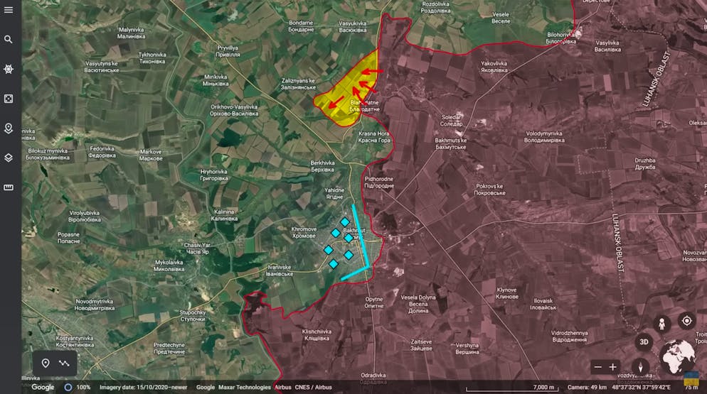Russischer Durchbruch nördlich von Bachmut. Der Vorstoss zieht die Schlinge in Bachmut enger, wo sich die Verteidiger in den Teil westlich des Flusses Bachmutske zurückgezogen haben.