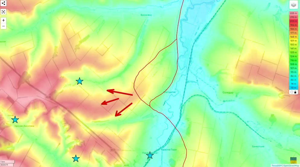 Russischer Durchbruch nördlich von Bachmut. ... aber auch auf der Anhöhe selbst weitermarschieren. Allerdings werden auf den Anhöhen weiter westlich weitere ukrainische Verteidigungsstellungen platziert sein, ...
