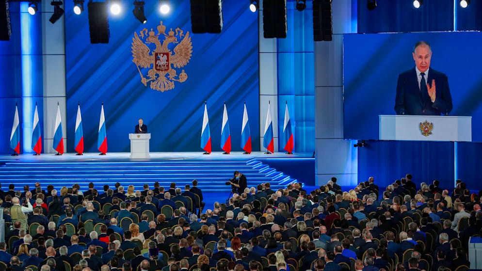 Putin bei seiner letzten Ansprache an die Föderale Versammlung im April 2021 in Moskau.