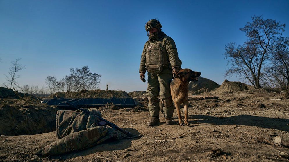 Ein ukrainischer Soldat steht an einem Graben mit seinem Hund. Foto: Libkos/AP/dpa