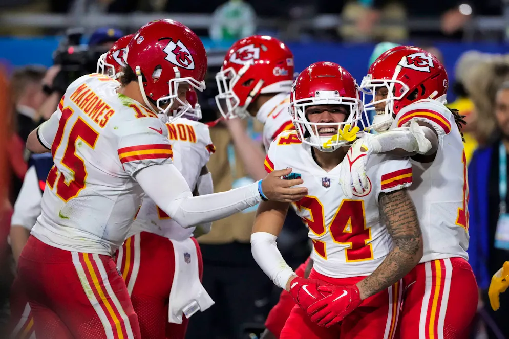 Kansas City Chiefs gewinnen spektakulären Super Bowl - Gallery. Wide Receiver Skyy Moore (24) von den Kansas City Chiefs jubelt nach seinem Touchdown.
