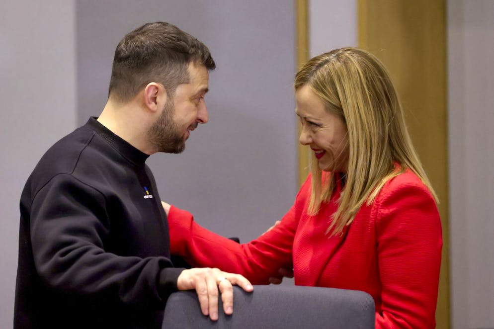 Der ukrainische Präsident Wolodymyr Selenskyj und die italienische Ministerpräsidentin Giorgia Meloni am 9. Februar 2023 in Brüssel. 