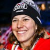 Silver medalist Wendy Holdener of Switzerland celebrates during the medals ceremony of the women's individual parallel race with also the silver medal of Alpine combined at the 2023 FIS Alpine Skiing World Championships in Courchevel/Meribel, France, Wednesday, February 15, 2023. (KEYSTONE/Jean-Christophe Bott)