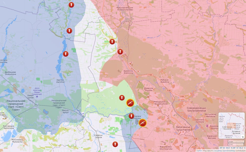 Schytliwka und Tschernopopiwka im Norden und der Wald um Bilohoriwka im Norden von Kreminna liegen unter Artilleriefeuer.