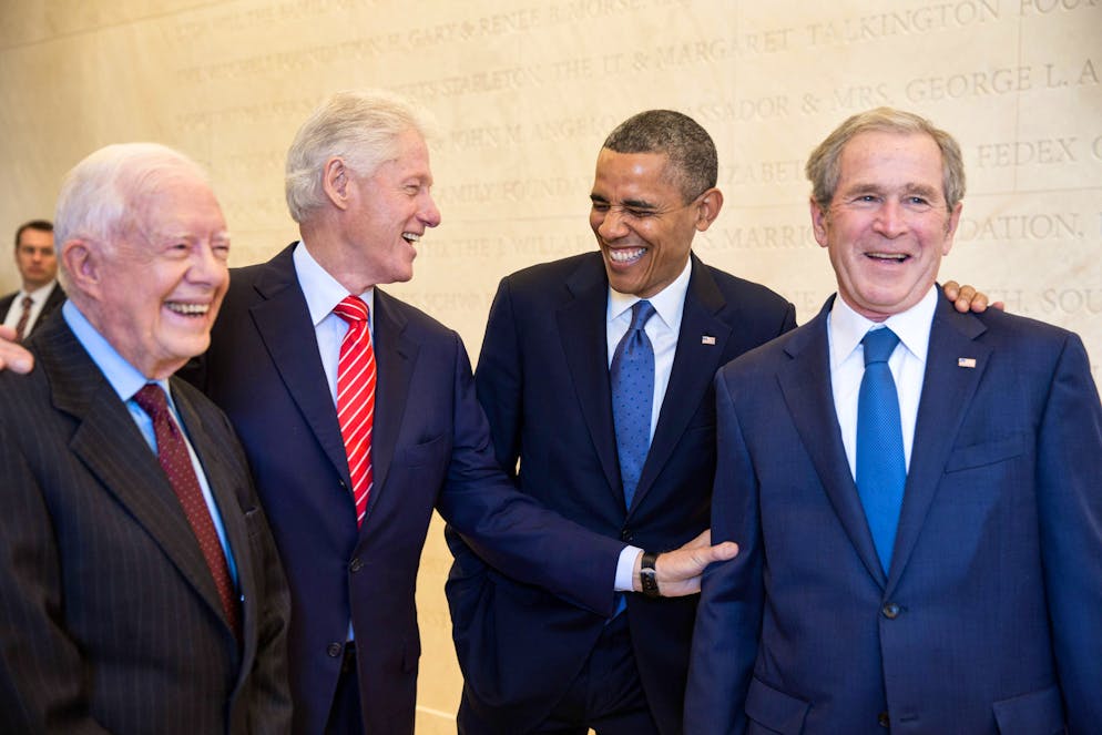 President Barack Obama laughs with former Presidents Jimmy Carter, Bill Clinton, and George W. Bush, prior to the dedication of the George W. Bush Presidential Library and Museum on the campus of Southern Methodist University in Dallas, Texas, April 25, 2013. Copyright: xpiemagsx obama180221-4756 ACHTUNG AUFNAHMEDATUM GESCHÄTZT